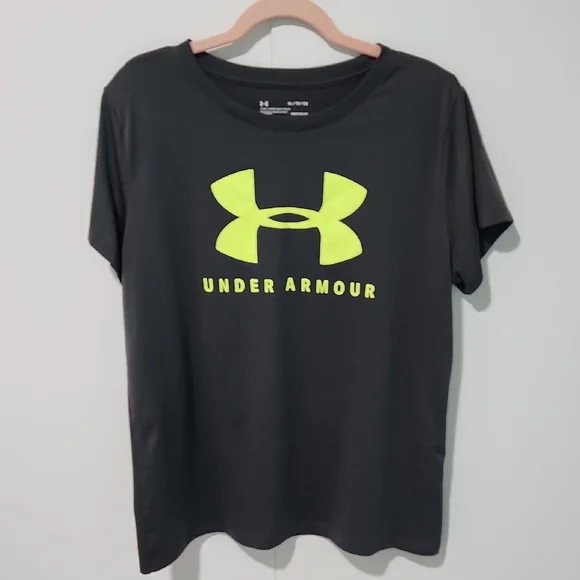 Under Armour Women's Dark Gray Neon Green Logo Short Sleeve T-Shirt -XL - Picture 1 of 3